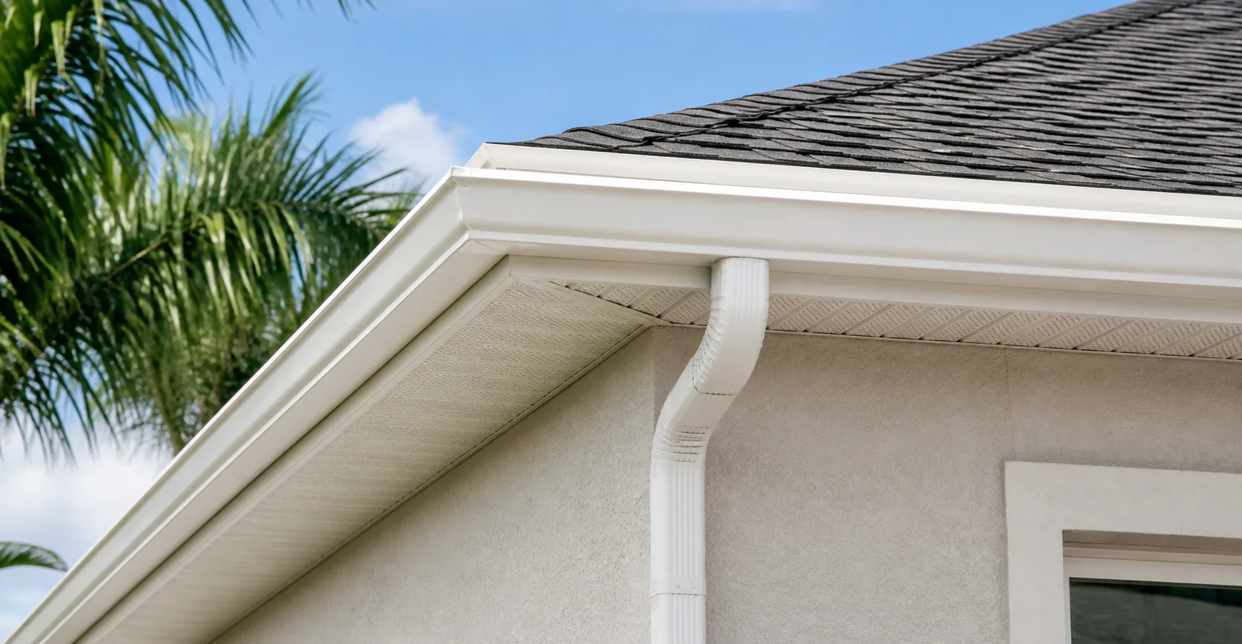 White seamless gutter, soffit, fascia, and downspout on a Florida home